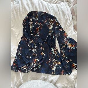 a.n.a Navy Floral Wrap Top with Bell Sleeves